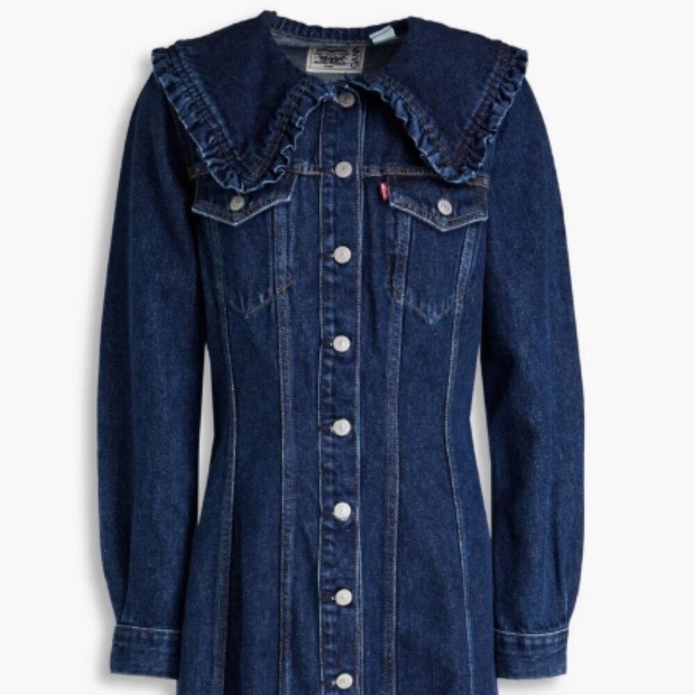 NWOT GANNI X LEVI'S Ruffle-trimmed Denim Shirt Mini Dress XS $475 - Picture 7 of 14